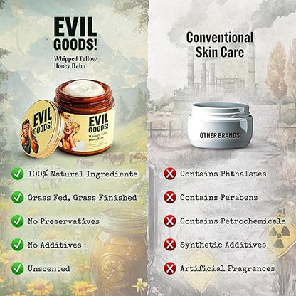 EVIL GOODs Whipped Beef Tallow and Manuka Honey Balm, 4oz, OrganicFace Cream, Moisturizer, Body Lotion.Skin Care and Lip Balm